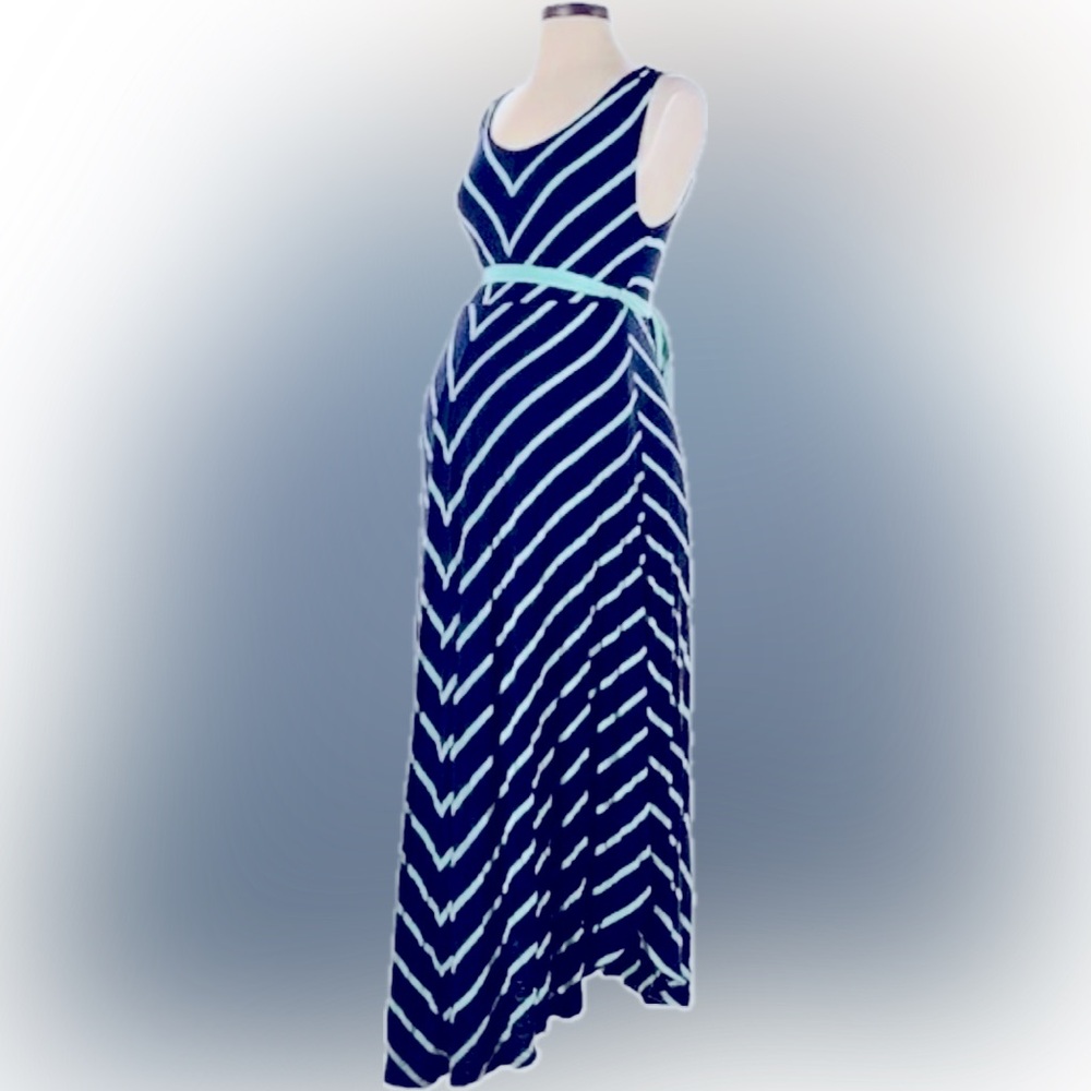 MATERNITY Liz Lange MAXI Sleeveless Aqua striped cotton dress size XL